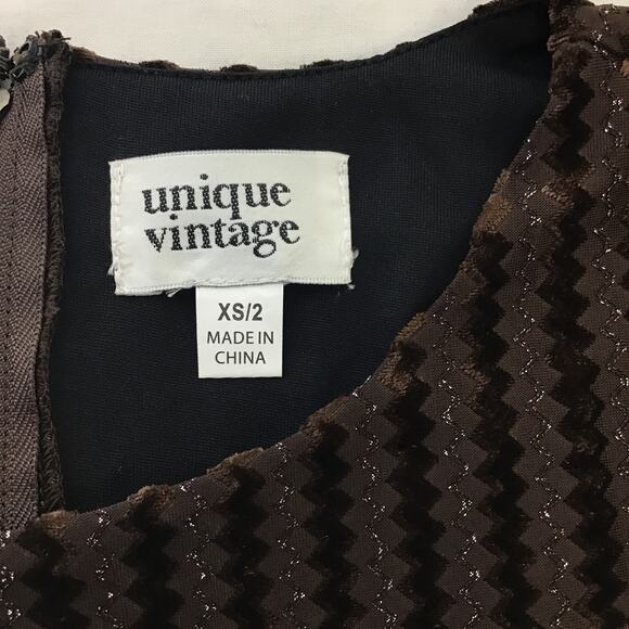 UNIQUE VINTAGE XS brown zigzag metallic velvet swing retro flare dress NWT B46 - Picture 7 of 7